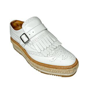 Prada White Brogue Fringe Buckle Platform Wedge Espadrilles Size 37.5 Italian
